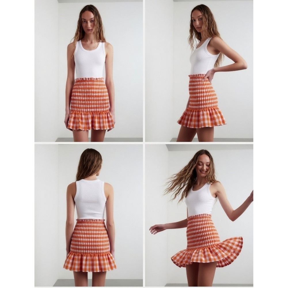 Asos Design Mini Skirt Womens‎ 4 Orange Gingham Gingham Pattern Crinkle Smocked
